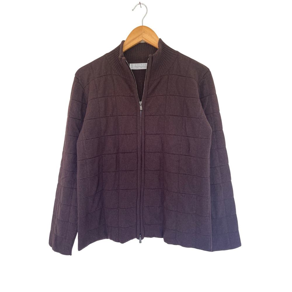 Shirin Guild 100% Pure Cashmere Full Zip Quilted Sweater Scotland Brown Small